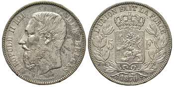 Бельгия 5 франков 1870 Леопольд II (1865-1909) KM 24 серебро 1529-1043