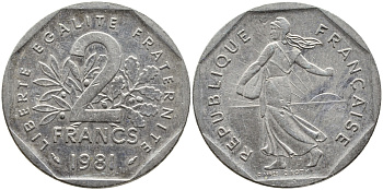 ФРАНЦИЯ 2 ФРАНКА 1981 СЕЯТЕЛЬ KM 942.1, LE FRANC 272.5 никель 4393-216