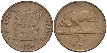 ЮАР 2 цента 1978 герб, антилопа гну KM 83 бронза 4561-722