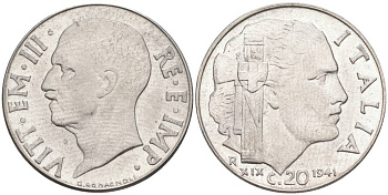 ИТАЛИЯ 20 ЧЕНТЕЗИМО 1941 R, ГОД XIX, ВИКТОР ЭММАНУИЛ III (1900-1946) KM 75b, VEM3. 1028 нержавеющая сталь 3853-1116