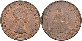 Великобритания 1 пенни 1967 Елизавета II (1952-2022) KM 897, Spink 4157 бронза 4574-321