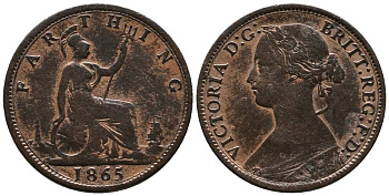 Великобритания 1 фартинг 1865 Виктория (1837-1901) KM 747.2, Spink 3958 бронза 1518-1112