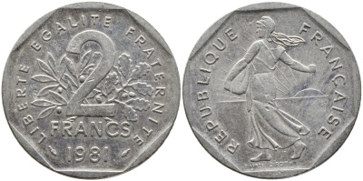 ФРАНЦИЯ 2 ФРАНКА 1981 СЕЯТЕЛЬ KM 942.1, LE FRANC 272.5 никель 4393-216