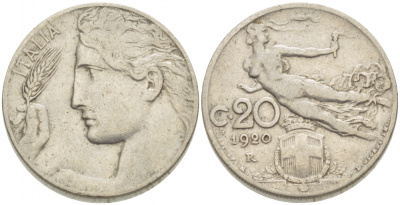 ИТАЛИЯ 20 ЧЕНТЕЗИМО 1920 KM 44 никель 3718-554