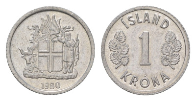 Исландия 1 крона 1980 KM 23 алюминий UNC 4627-749