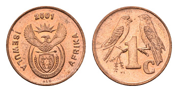 ЮАР 1 цент 2001 герб, капские воробьи KM 221 сталь плакированная медью UNC 4694-163