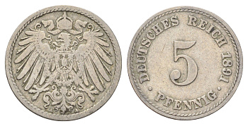 Германия 5 пфеннигов 1891 A KM 11, J. 12 медно-никель 4701-1023